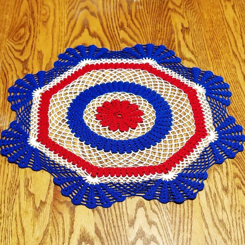 Vintage Style New Hand Crafted 4-Way Circle, Red, White, & Blue 20" Doily